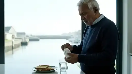 A man in his sixties taking two capsules with water at a kitchen counter by a window onto a harbor, then reading the back of a white bottle