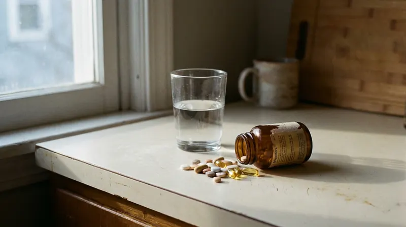 A small pile of mixed vitamin tablets and capsules spilled onto a white counter beside a glass of water