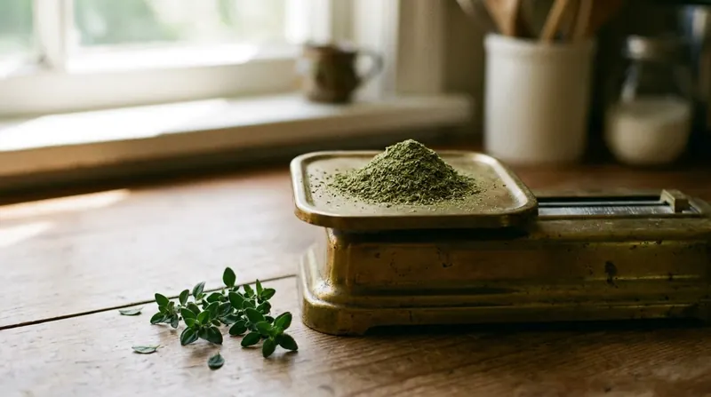 A small heap of dried green herb powder on a brass kitchen scale beside a few fresh leaves