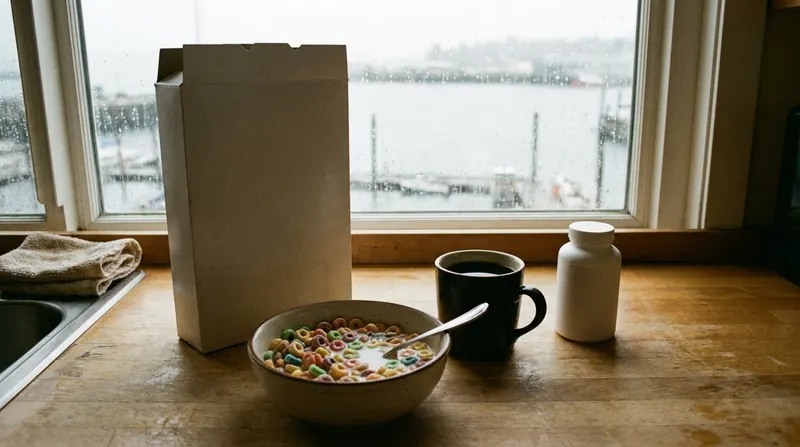 A bowl of cereal beside its box, a mug of coffee and a white bottle on a counter by a window