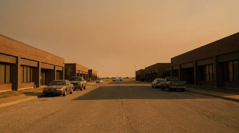 A quiet Texas office-park street with low brick buildings and a delivery van far down the road