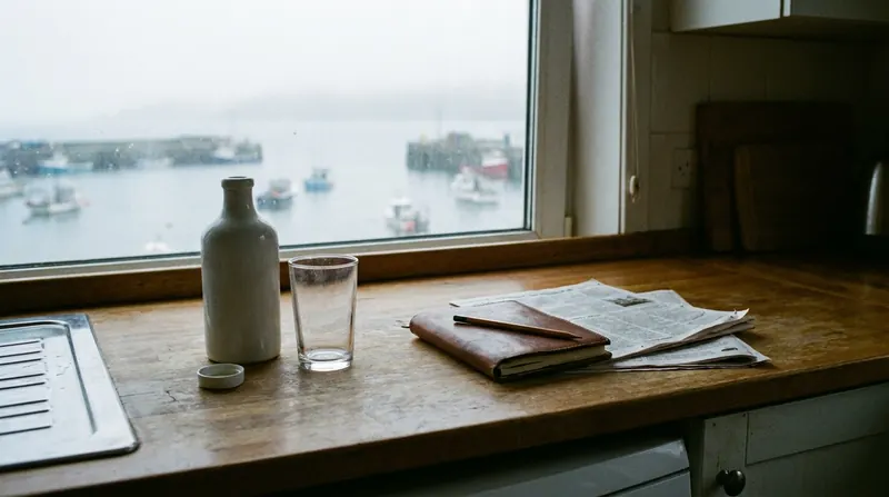 A kitchen counter by a harbor window with a white bottle, an empty glass, a folded page and a closed notebook with a pencil