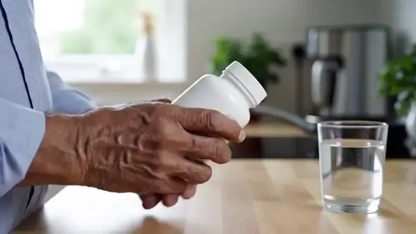 A man's hands turning a white bottle to read its back panel and tipping two capsules into his palm beside a glass of water