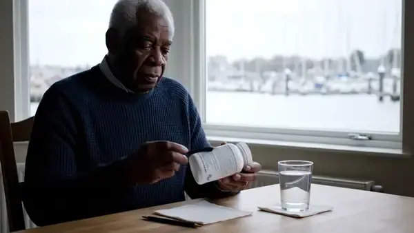 A man in his sixties at a table by a harbor window writing a column of figures on a napkin beside a white bottle