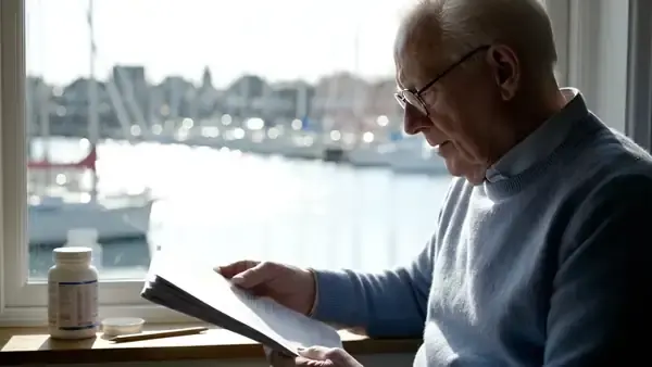A man in his sixties reading a printed page by a harbor window and making a note, a white bottle on the sill
