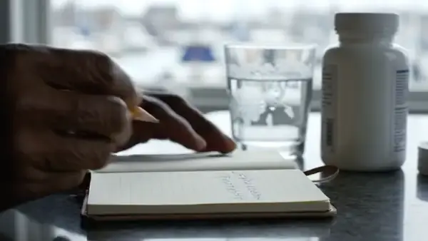A man's hands writing a line in a small notebook beside a glass of water and a white bottle by a harbor window