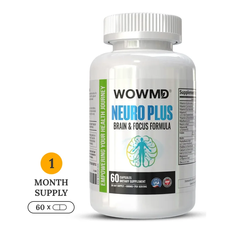 The bottle of WOWMD Neuro Plus Brain and Focus Formula capsules, from the seller's photograph